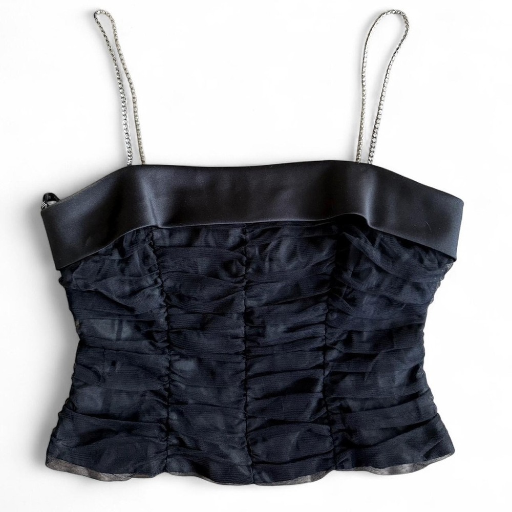 Niki Livas Black Satin & Ruched Bodice Midriff Top Jewel Straps  VTG 90s S/M
